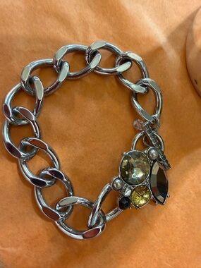 Silver-Tone Chain Bracelet with Multi-Colored Crystal Charm